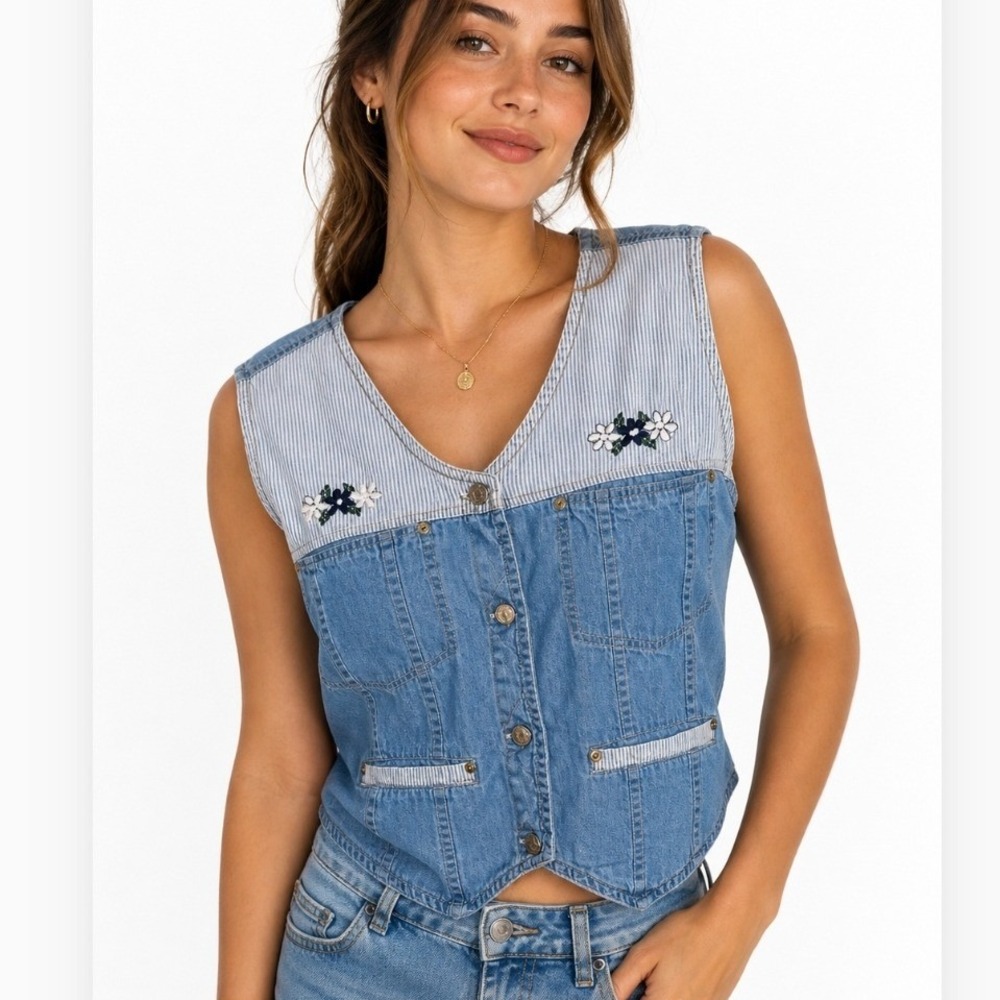 Vintage HGNY Jeans Denim Vest Plus Size 18/20 Floral Embroidered Striped 90s